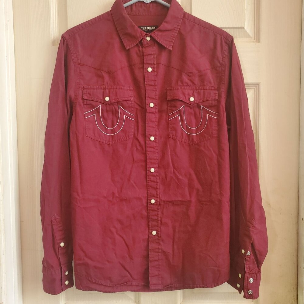 True Religion Men Sm Shirt Pearl Snap Western Cowboy Style Burgundy 100% Cotton